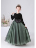 Long Sleeves Black And Green Velvet Tulle Flower Girl Dress